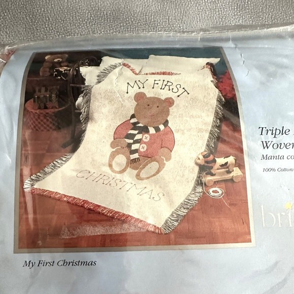 Bright Future My First Christmas Teddy Bear Jacquard Woven Throw Cotton NEW - Picture 3 of 5